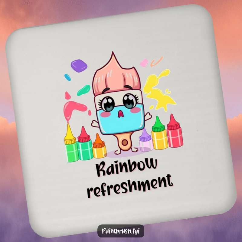 Funny Coasters: A surprised paintbrush character gazes at a rainbow of paint tubes, offering humorous surface protection.