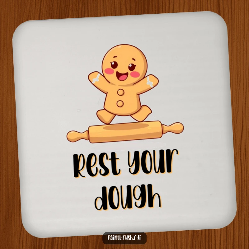 Funny gingerbread cookie character humorously leaping over a rolling pin, a cute and functional addition to any tabletop.