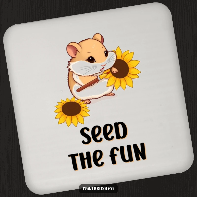 Funny coasters featuring a curious hamster painting a sunflower seed with a tiny paintbrush, adding artistic charm to tabletops.
