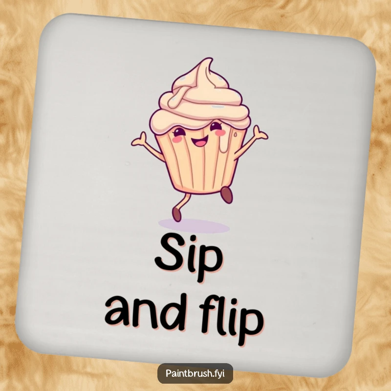 Funny Drink Coaster featuring a smiling cupcake character with dripping frosting doing a cartwheel, protecting tables with sweetness.