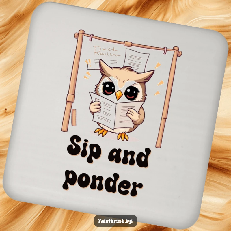 Funny owl drink coaster showing a confused owl trying to read instructions upside down on a canvas, protecting surfaces with wit.