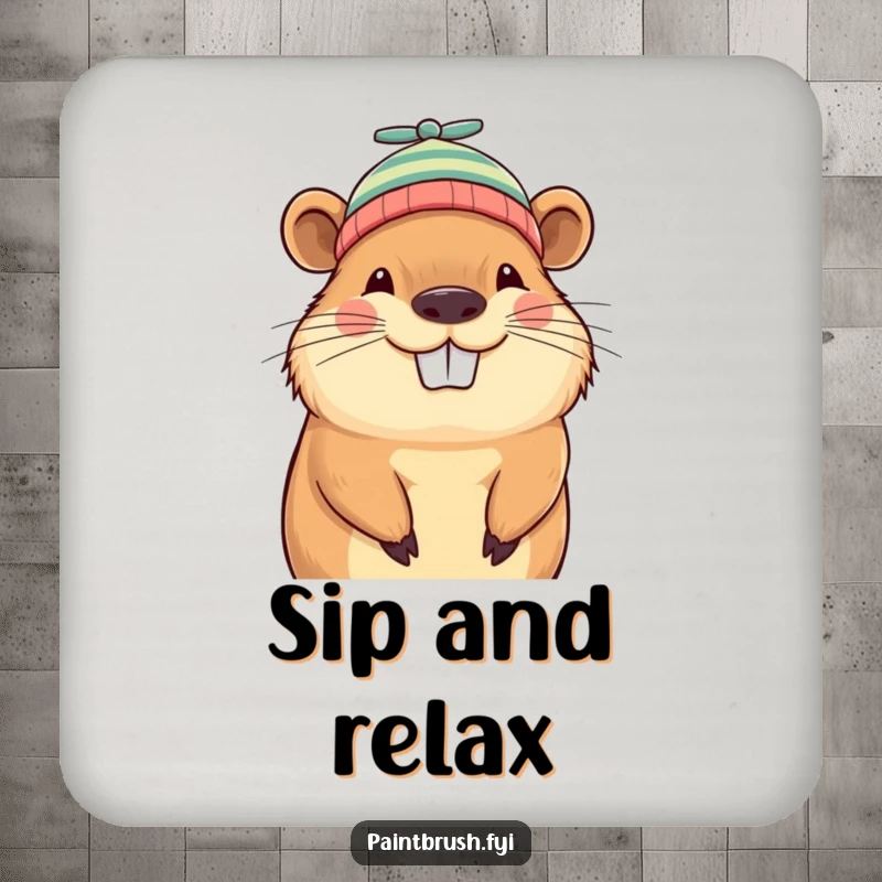 Funny capybara beanie coaster, grinning capybara wearing a tiny propeller beanie, protecting surfaces with whimsical humor.