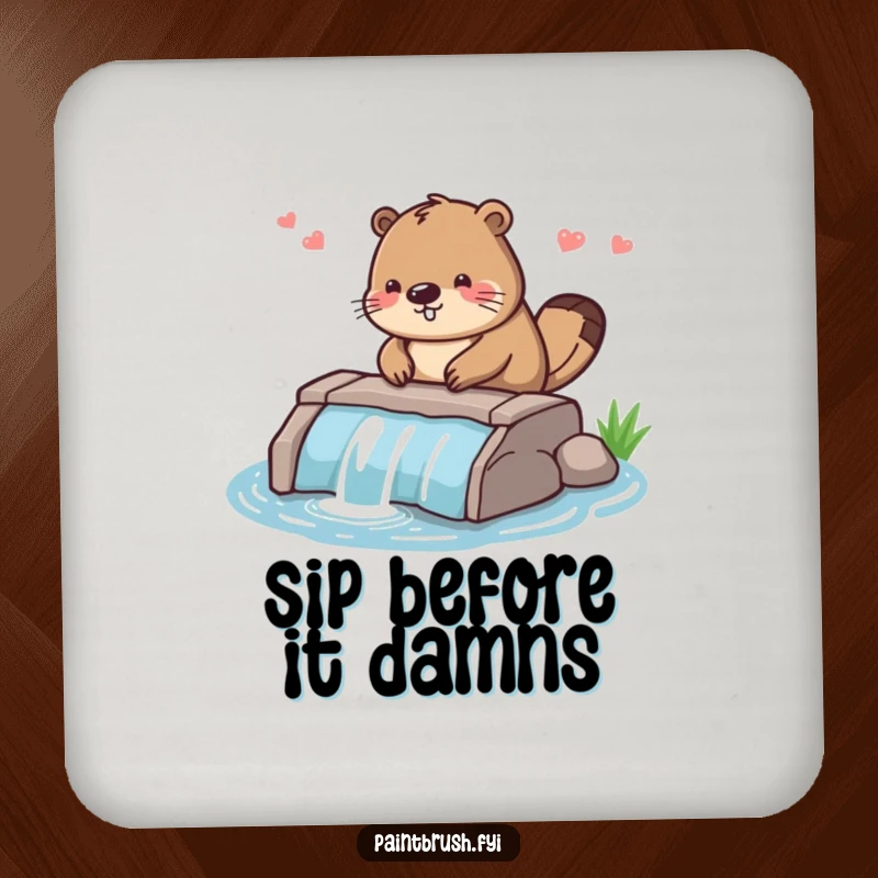 Funny drink coaster featuring a diligent beaver character smoothing the edges of a small dam, protecting tables with a humorous touch.