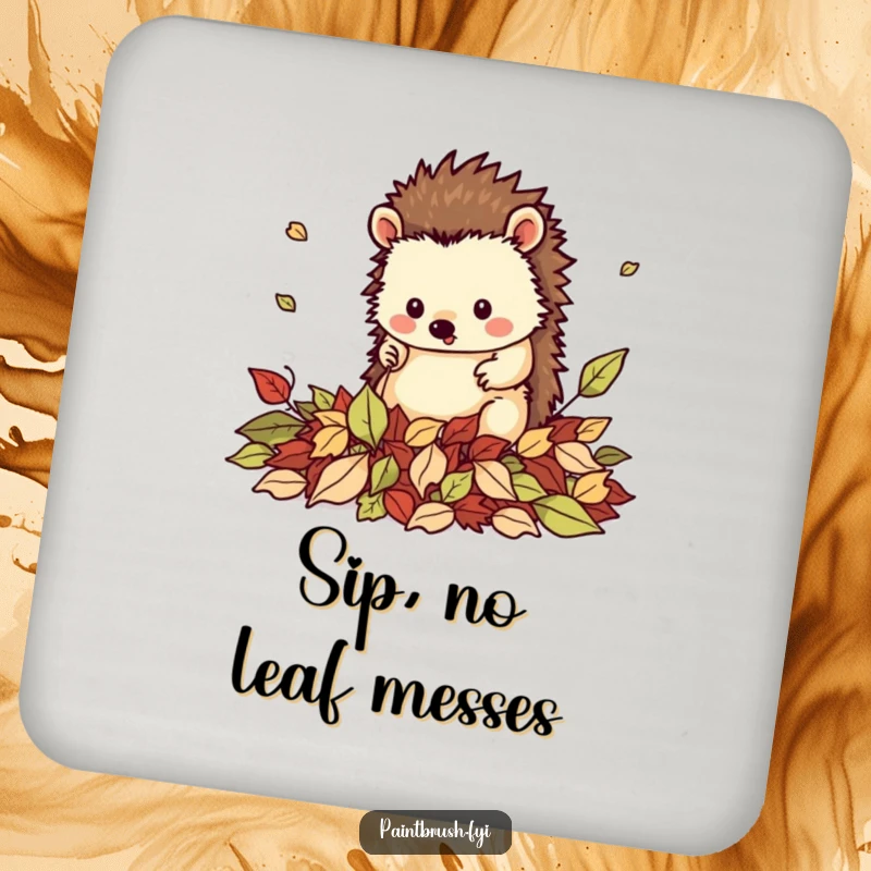 Funny drink coaster featuring a neat hedgehog character tidying fallen leaves, protecting tables with cozy, humorous charm.