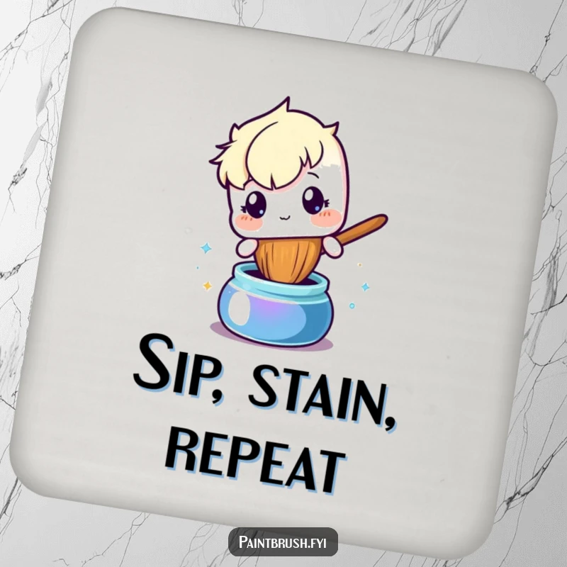 Funny coaster with a curious paintbrush character dipping into a pot of ink, a decorative and protective piece.