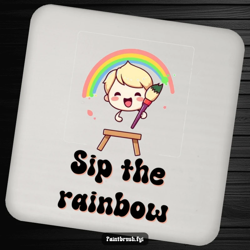 Funny Drink Coasters: Paintbrush character joyfully painting a vibrant rainbow arc across a blank canvas, humorous table protection.