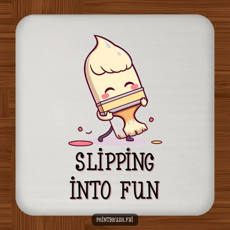 Funny Coaster: A paintbrush character comically tripping over its own bristles, protecting surfaces with a humorous artistic flair.