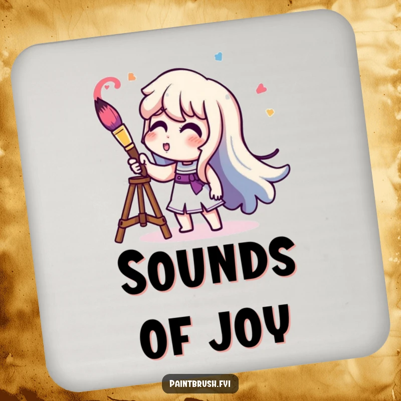 Funny character playing a paintbrush like a trumpet, emitting colorful sound waves, humorous coasters.