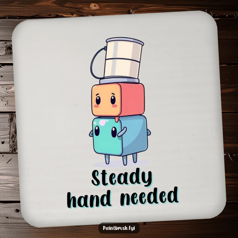 Funny cube character balancing paint cans on its head, protecting your drink on a round drink coaster.