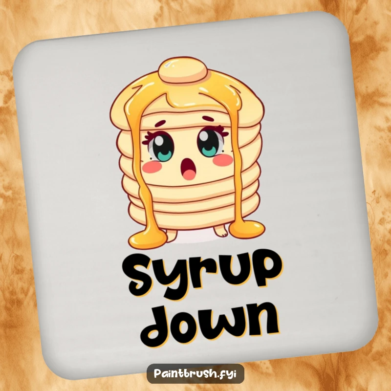 Funny Drink Coaster featuring a surprised pancake character with wide eyes amidst syrup waterfalls, adding breakfast charm.