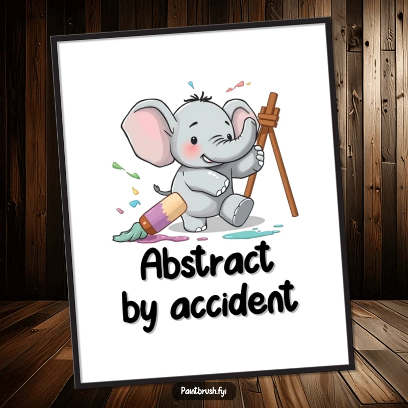 Funny poster illustrating a clumsy elephant tripping over a giant paintbrush, sending vibrant paint flying in a comical explosion.