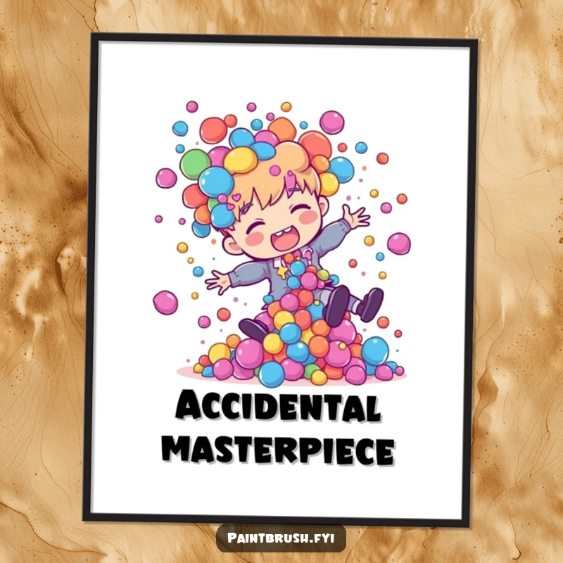 Funny painter character tripping, releasing a vibrant shower of colorful paint blobs across the poster, symbolizing artistic mayhem.