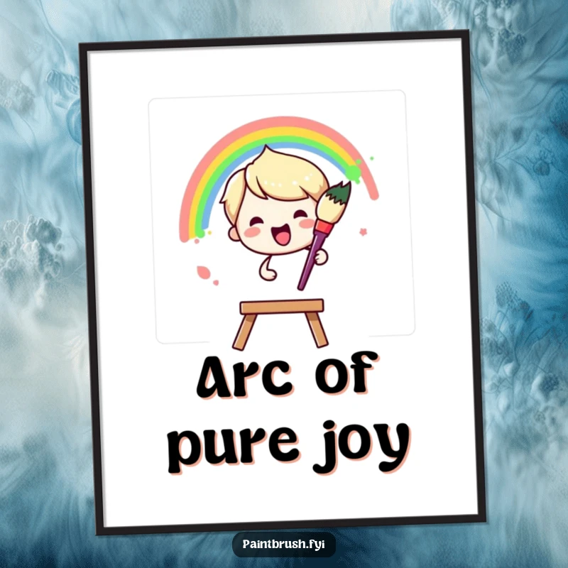 Funny Poster: Paintbrush character joyfully painting a vibrant rainbow arc across a blank canvas, a cheerful and artistic wall decoration.