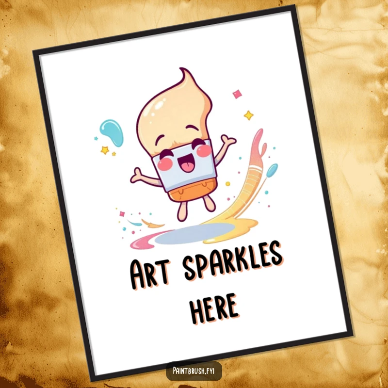 Funny Poster: An excited paintbrush character in a joyful spin, creating a vibrant and glittery trail of paint in the air.