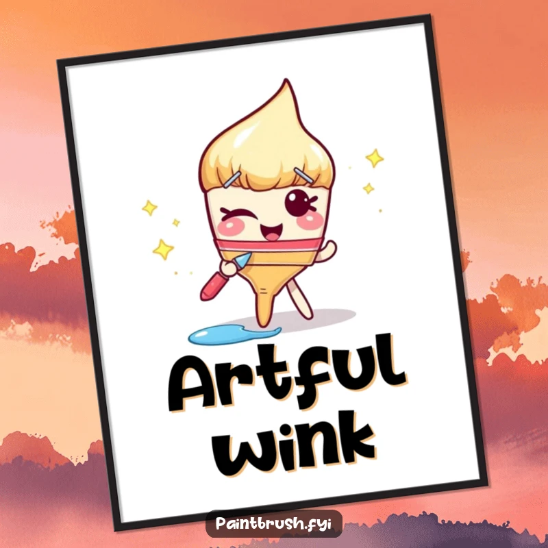 Funny poster of a winking paintbrush leaving a dazzling trail of sparkly paint, adding a touch of playful and artistic charm.