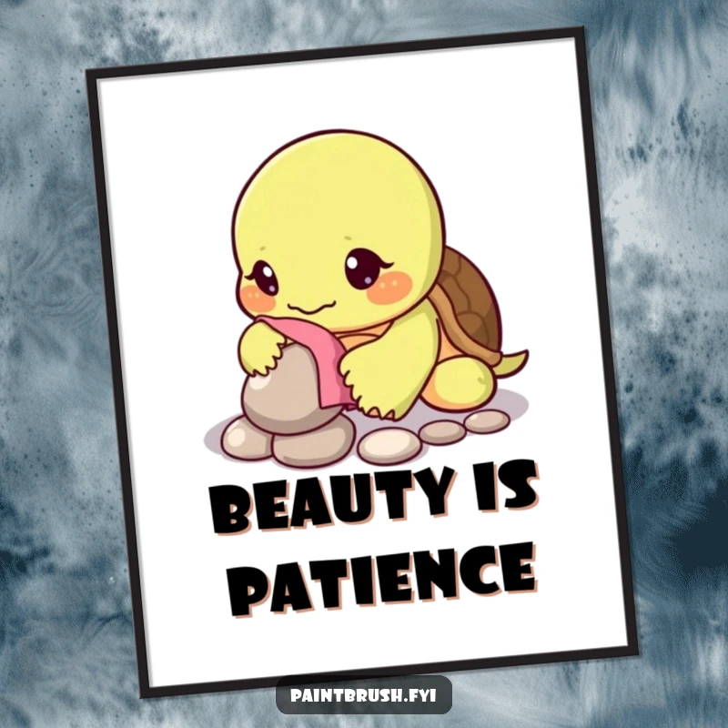 Funny poster of a turtle character focused on polishing a single shiny pebble with a cloth, embodying deliberate care.