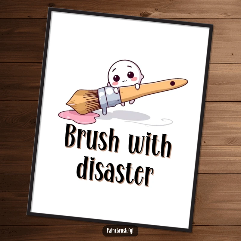 Funny Poster: Tiny round brush character comically tripping over a giant dripping paintbrush, a humorous and artistic wall decor.