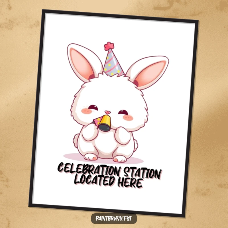 Funny Bunny Poster, showing a happy bunny in a party hat blowing a noisemaker, perfect for festive room decor.