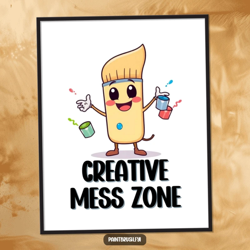 Funny poster displaying a playful paintbrush character masterfully juggling three small, bouncing paint pots, adding a humorous artistic touch.