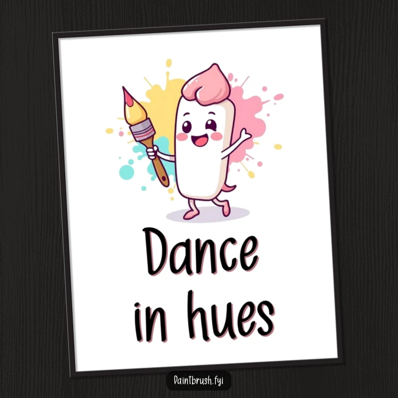Funny poster showcasing a happy paintbrush character dancing with a large, animated paint splotch, full of artistic energy.