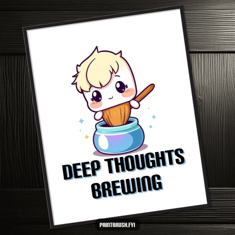 Funny poster illustrating a curious paintbrush character dipping into a pot of reflective ink, symbolizing creative beginnings.