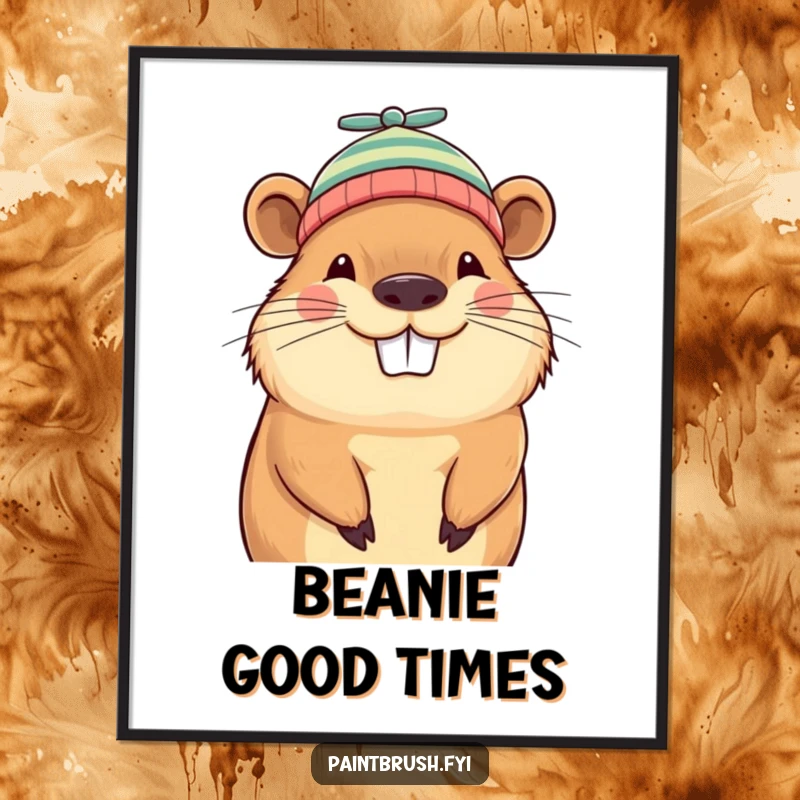 Funny capybara beanie poster, grinning capybara character wearing a tiny propeller beanie, creating a whimsical and humorous art piece.