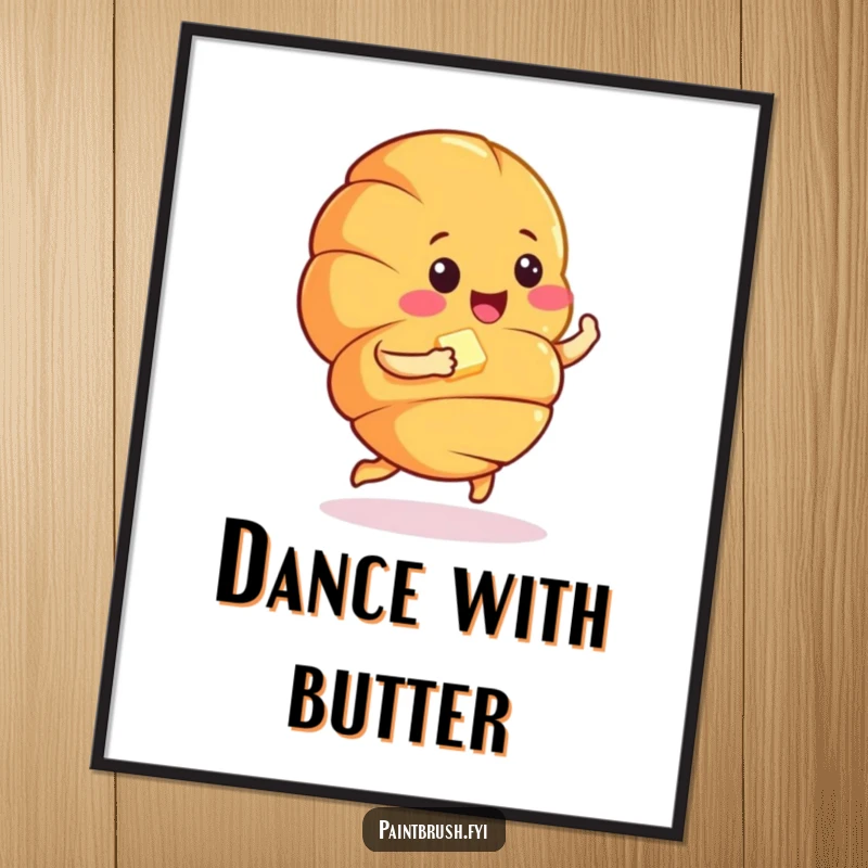 Funny croissant character doing a cheerful jig with a pat of butter, a delightful piece of wall art for any kitchen.
