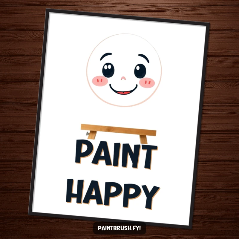 Funny poster featuring a determined paintbrush character focused on creating a large, cheerful smiley face.