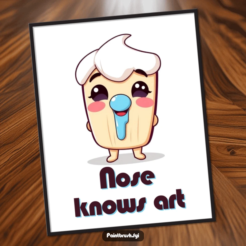 Funny poster of a paintbrush character overcome with giggles, its nose artfully dripping with paint.