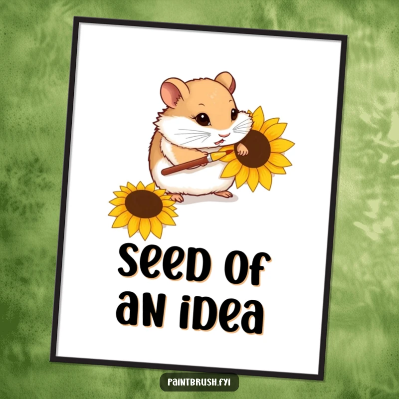 Funny poster of a curious hamster meticulously painting a sunflower seed with a tiny paintbrush, celebrating delicate artistic expression.