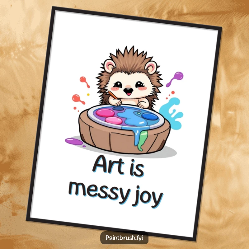 Funny poster of a playful hedgehog artist joyfully rolling in colorful paint palettes, creating a messy yet beautiful artwork.