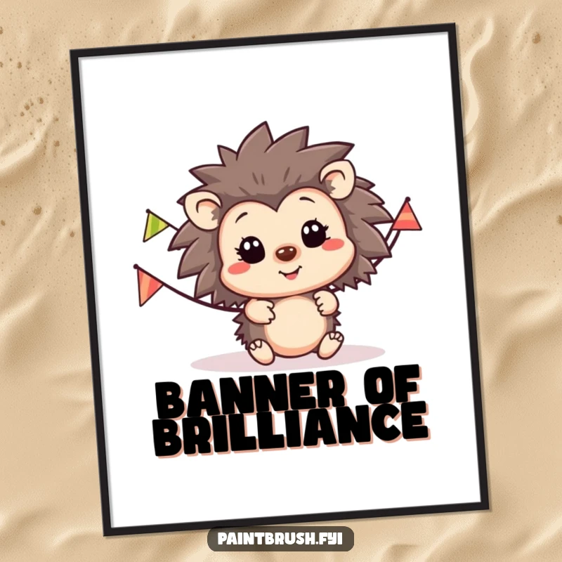 Funny hedgehog party poster, happy hedgehog character with a large striped party banner, creating a festive and cheerful atmosphere.