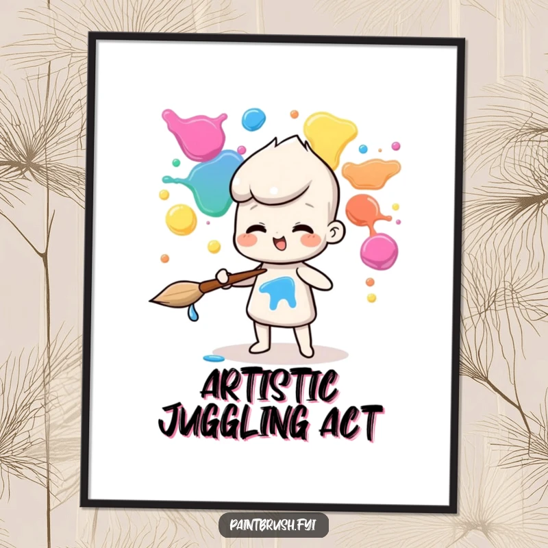Funny poster featuring a paintbrush character in the act of juggling several vibrant paint blobs with impressive skill.