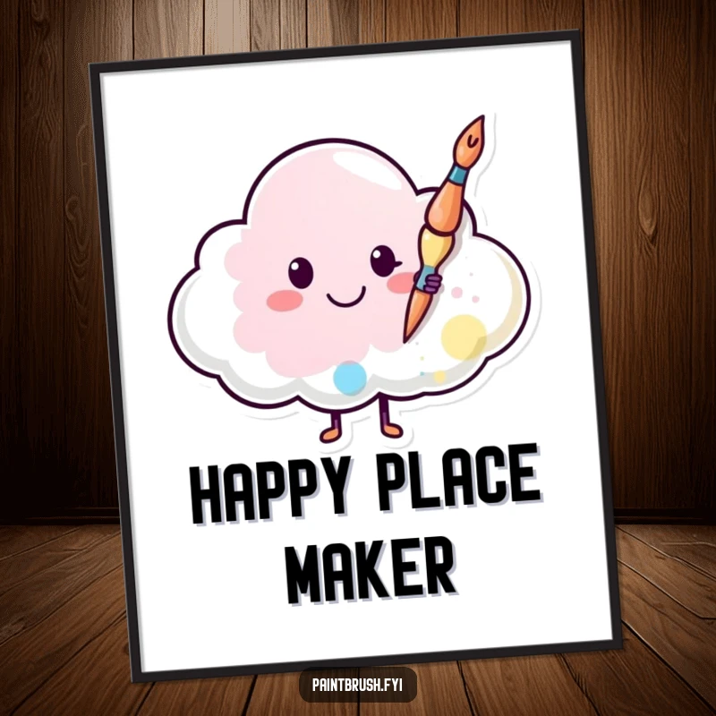 Funny poster of a happy paintbrush painting a smiley face onto a cloud, creating a charming and cheerful piece of sky art.
