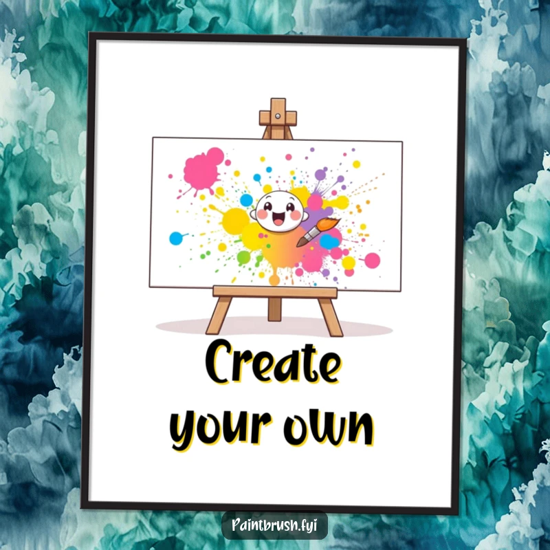 Funny Poster: A small paintbrush character cheerfully splatters vibrant paint onto a large canvas, creating a colorful art print.
