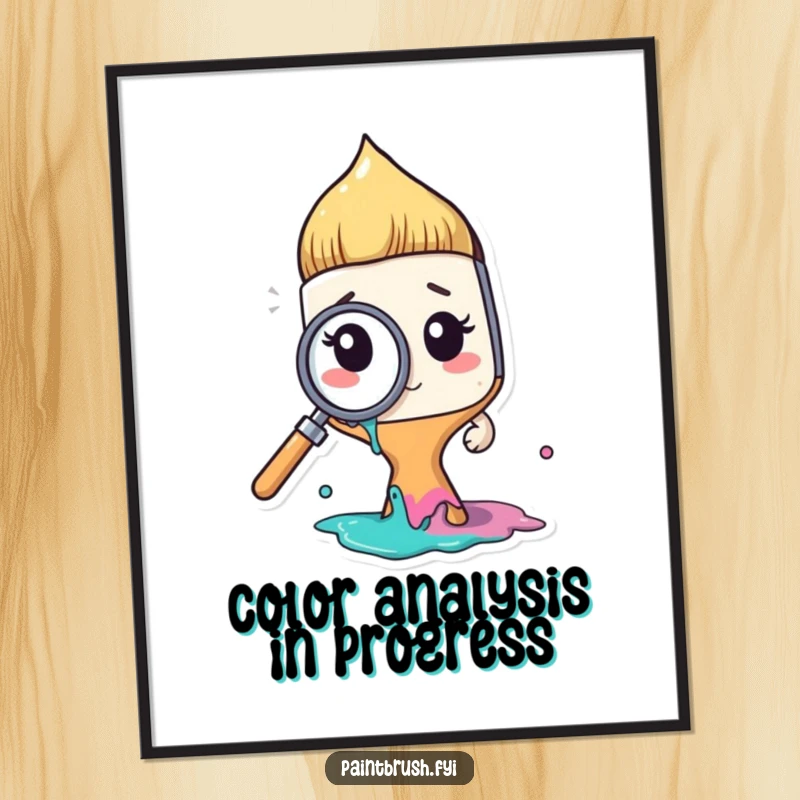 Funny paintbrush character looking quizzically through a magnifying glass at paint, featured on a poster, great for art lovers.