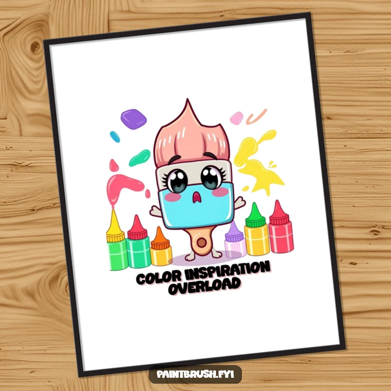 Funny Poster: A surprised paintbrush character with wide eyes looks at a rainbow of paint tubes, creating a humorous art print.