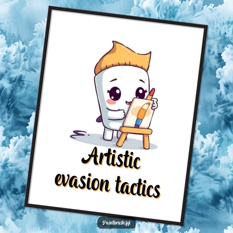 Funny paintbrush character peeking from behind a tiny easel, featured on a poster, great for shy art enthusiasts.