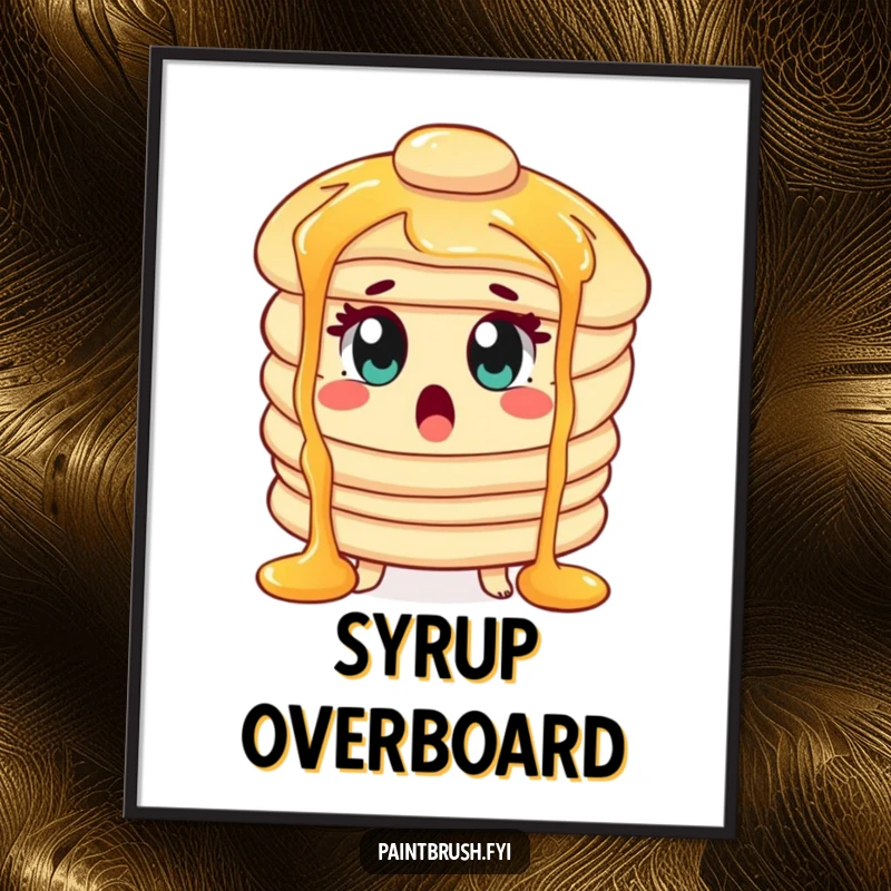 Funny Poster of a surprised pancake character with wide eyes, caught in spectacular syrup waterfalls.