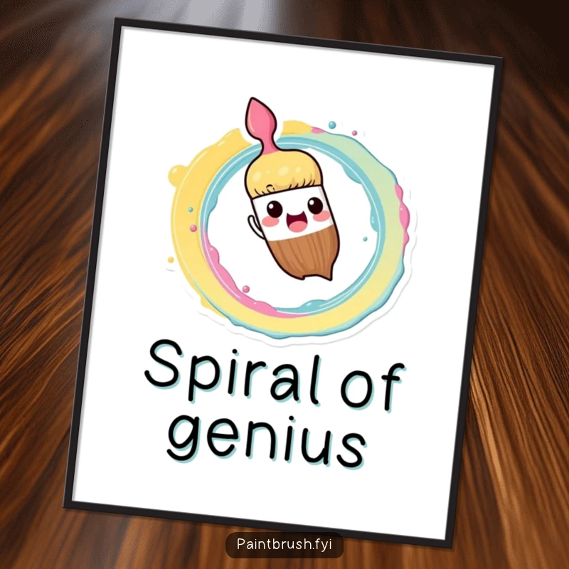 Funny Poster: Paintbrush character enthusiastically splashing paint in a vibrant spiral pattern, a lively and artistic wall decoration.