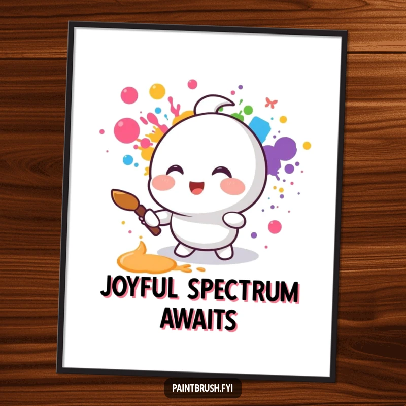 Funny poster of a small round character joyfully splattering vibrant rainbow colors with a paintbrush, capturing an explosion of pure artistic happiness.