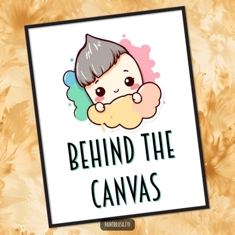 Funny Poster: A shy paintbrush character hiding behind a blob of color, adding a touch of quiet charm and humor to decor.