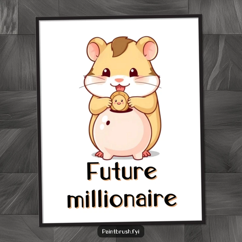 Funny poster of a hamster character focused on stuffing a single coin into a tiny piggy bank with great care.