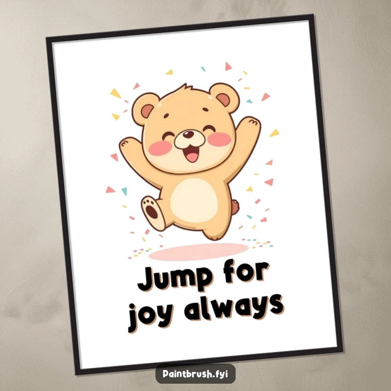 Funny Bear Cub Poster showing an ecstatic cub jumping with confetti, adding a pop of happiness to any room.