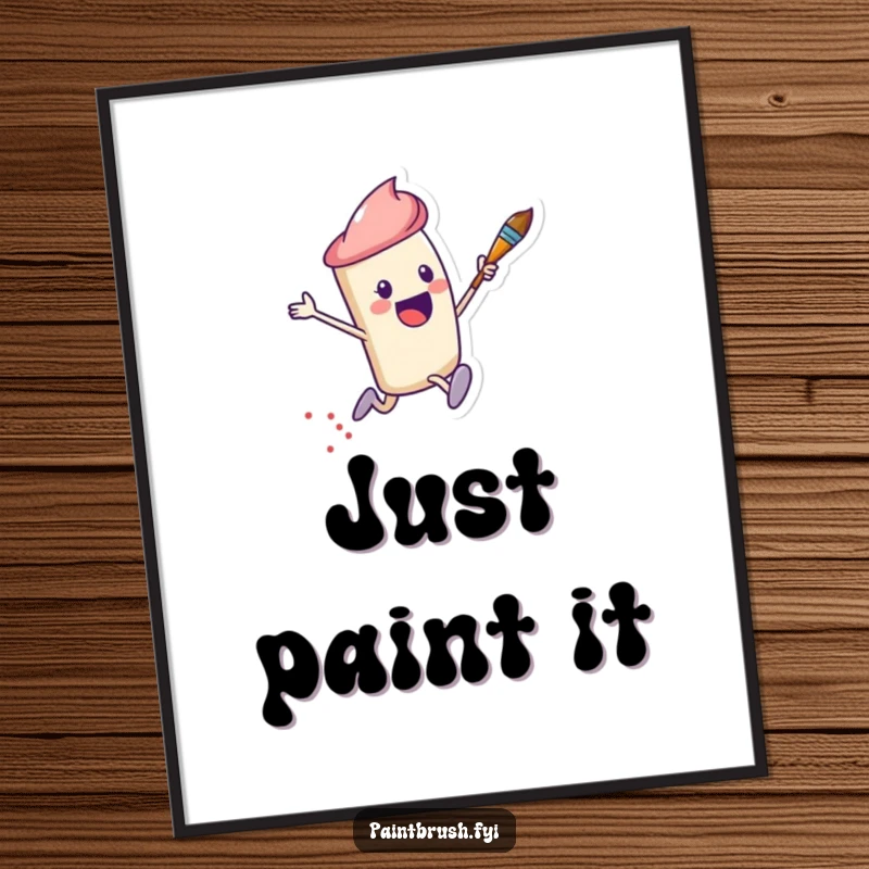 Funny Poster depicting an excited paintbrush character leaping dynamically, leaving a trail of colorful dots.