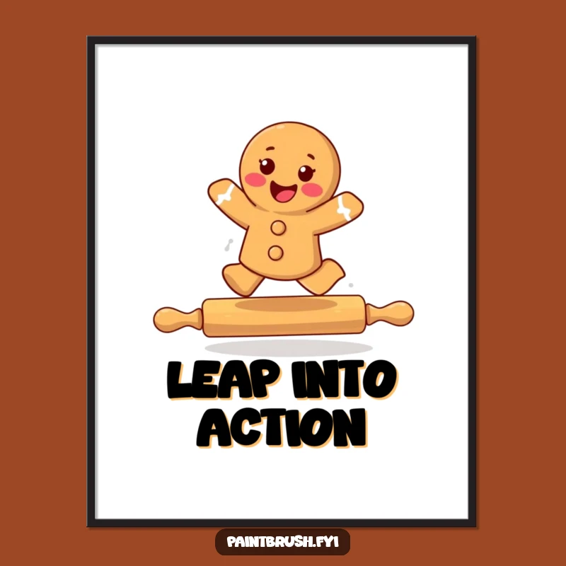 Funny Gingerbread Cookie Leaping Rolling Pin Poster - Joyful Wall Art Gift
