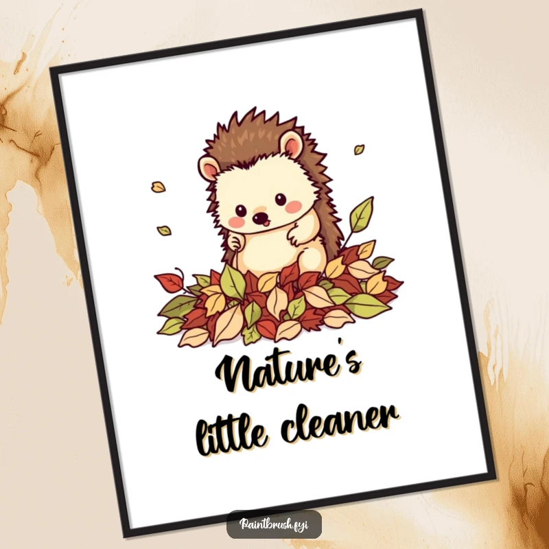 Funny poster art of a neat hedgehog character perfectly tidying a pile of fallen leaves, symbolizing autumn beauty and order.