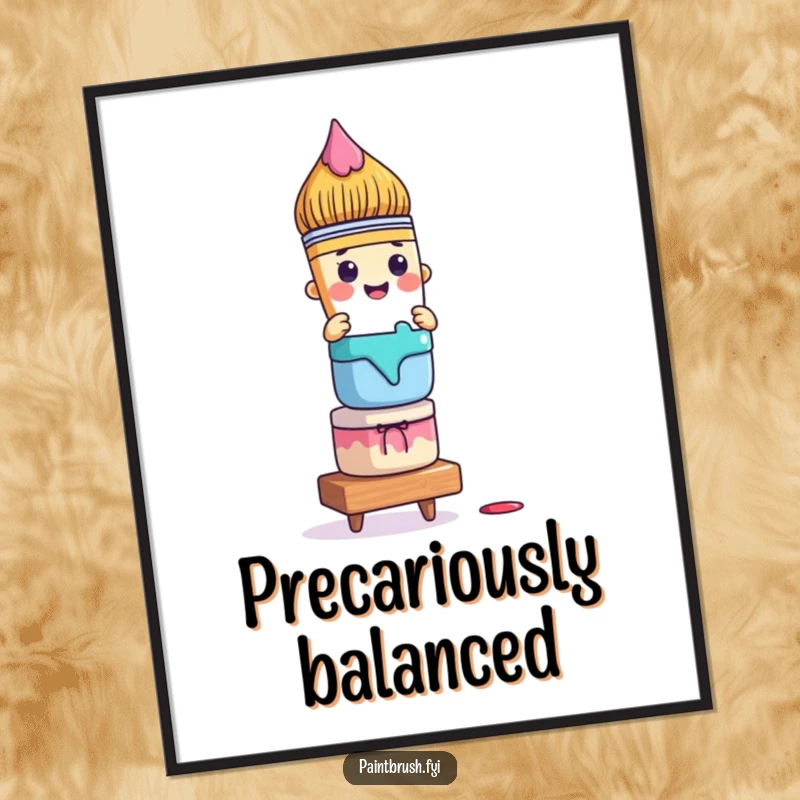 Funny paintbrush poster showing a character precariously balancing colorful paint pots, symbolizing the fun challenges of art creation.