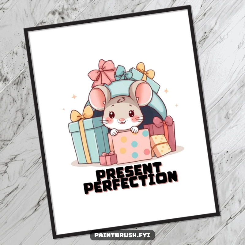 Funny mouse present poster, little mouse peeking out from behind gifts, creating a sense of playful mystery.