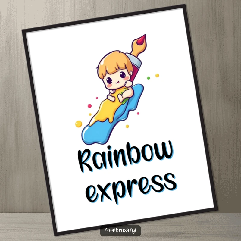 Funny paintbrush poster showing a character sliding down a rainbow of colorful paint, symbolizing creative joy and vibrant expression.